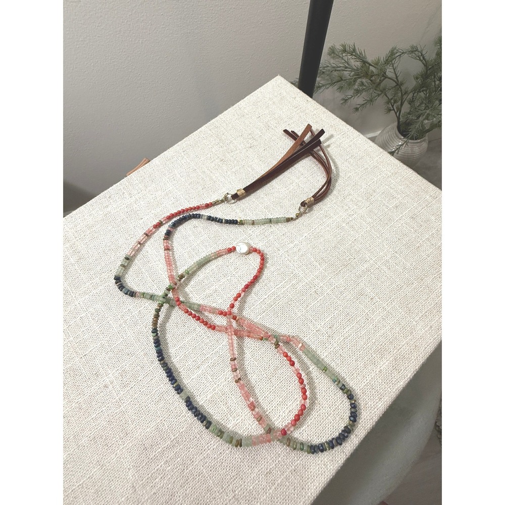 Lariat‎ Necklace Handmade Gemstone Beaded Leather Tassel Pearl Boho Wrap 40 Inch